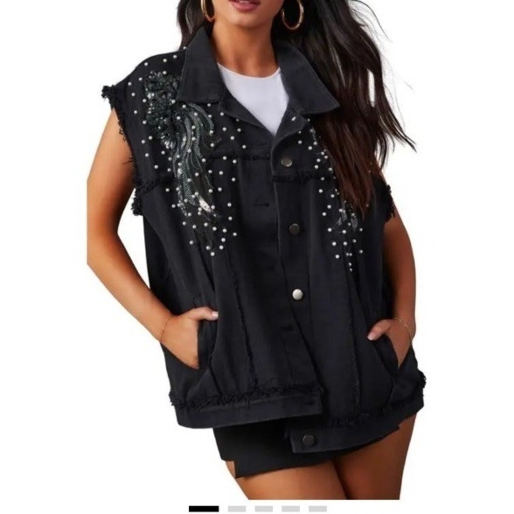 VICI Kearney Oversize Denim Black Vest sequins large